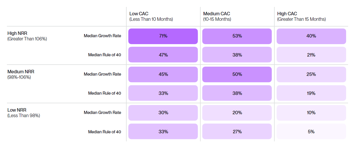 Matrix showing performance by CAC payback period and net revenue retention