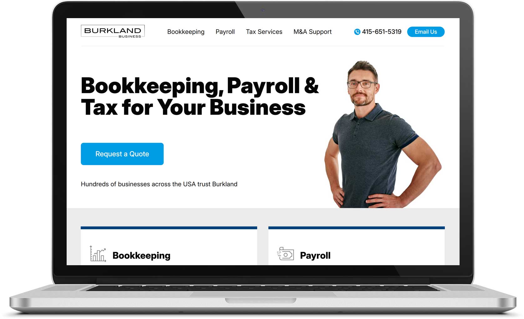 Screenshot of the homepage of https://burkland.business circa 2026
